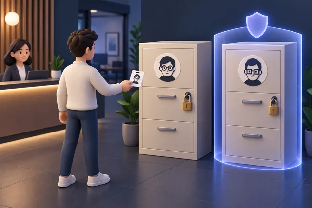 A visitor shows an identity card beside two separate filing cabinets. The other person’s cabinet remains protected.