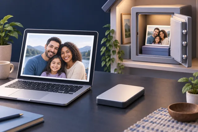 A laptop, an unplugged drive and a separate safe represent independent copies of a family photo.