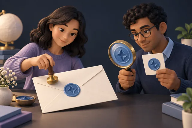 A verifier compares a letter seal with a reference motif; the letter itself is not concealed.