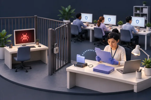 An affected computer is separated from healthy systems while an analyst preserves and examines evidence.