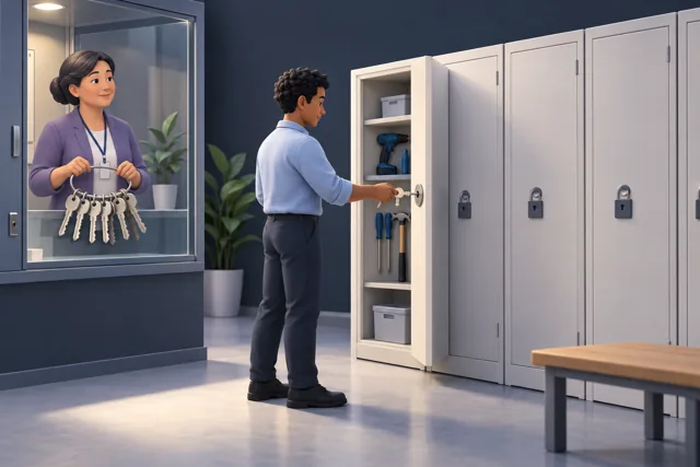 A worker receives one cupboard key while other keys remain controlled separately.