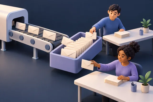 Envelopes wait in a central tray until separate workers collect them.