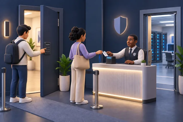 A remembered combination at an entrance and a separate badge check illustrate two sign-in checks.