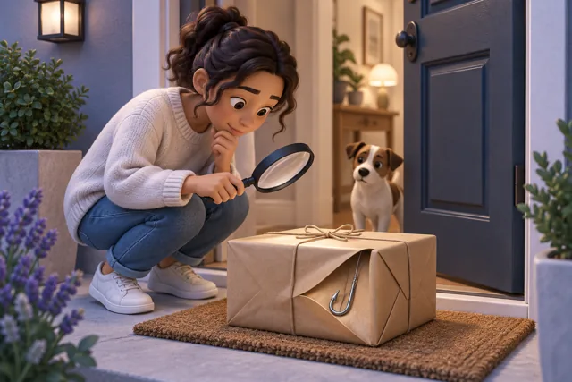 A person pauses to inspect a friendly-looking parcel that conceals a hook.