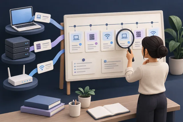 An analyst compares event cards collected from several devices on an investigation board.