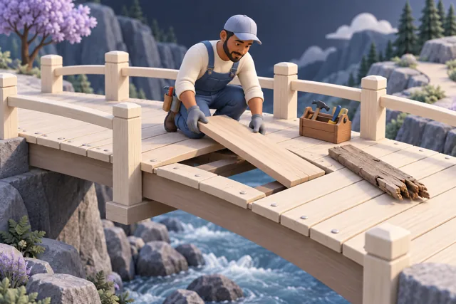 A maintenance worker replaces a damaged bridge plank, illustrating repair of a known weakness.