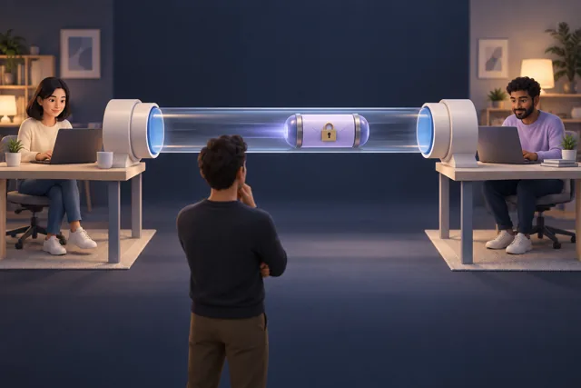 A locked capsule travels through a tube between endpoints; an outside observer cannot read its contents.