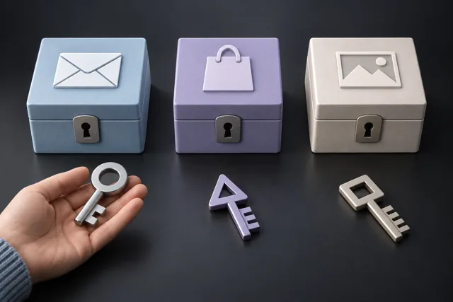 Three account boxes have three different keys. One hand holds only the first key.
